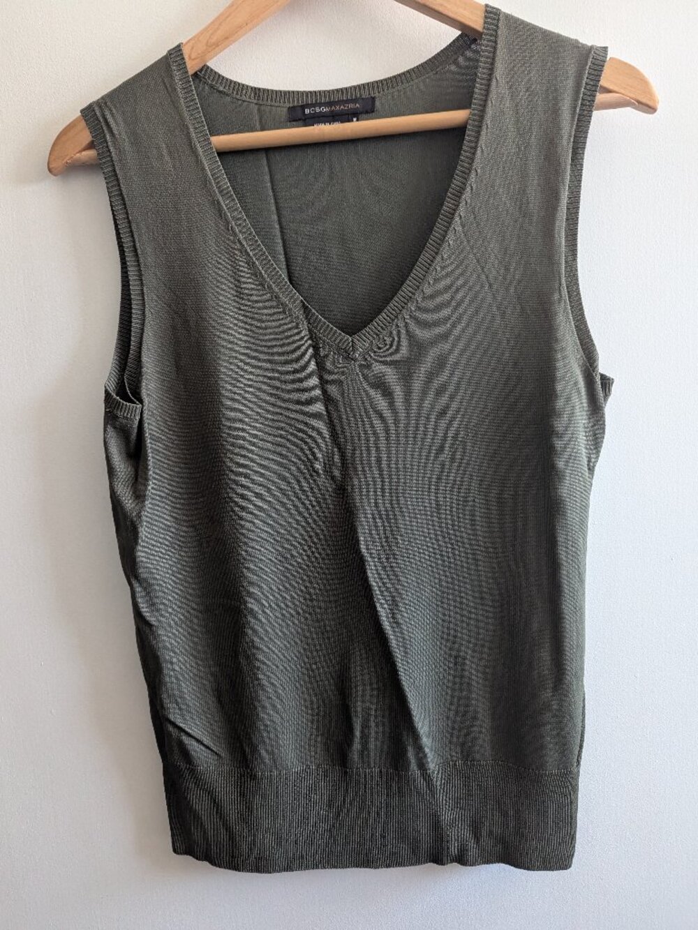 BCBGMAXAZRIA V-neck sleeveless knit tank top, olive army green